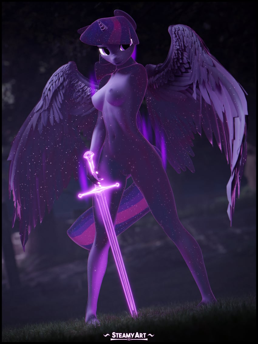 3d_(artwork) absurd_res alicorn anthro anthrofied breasts digital_media_(artwork) equid equine feathers friendship_is_magic genitals hasbro hi_res holding_object holding_sword holding_weapon horn mammal melee_weapon my_little_pony nipples nude purple_body purple_feathers pussy steamyart sword twilight_sparkle_(mlp) weapon wings