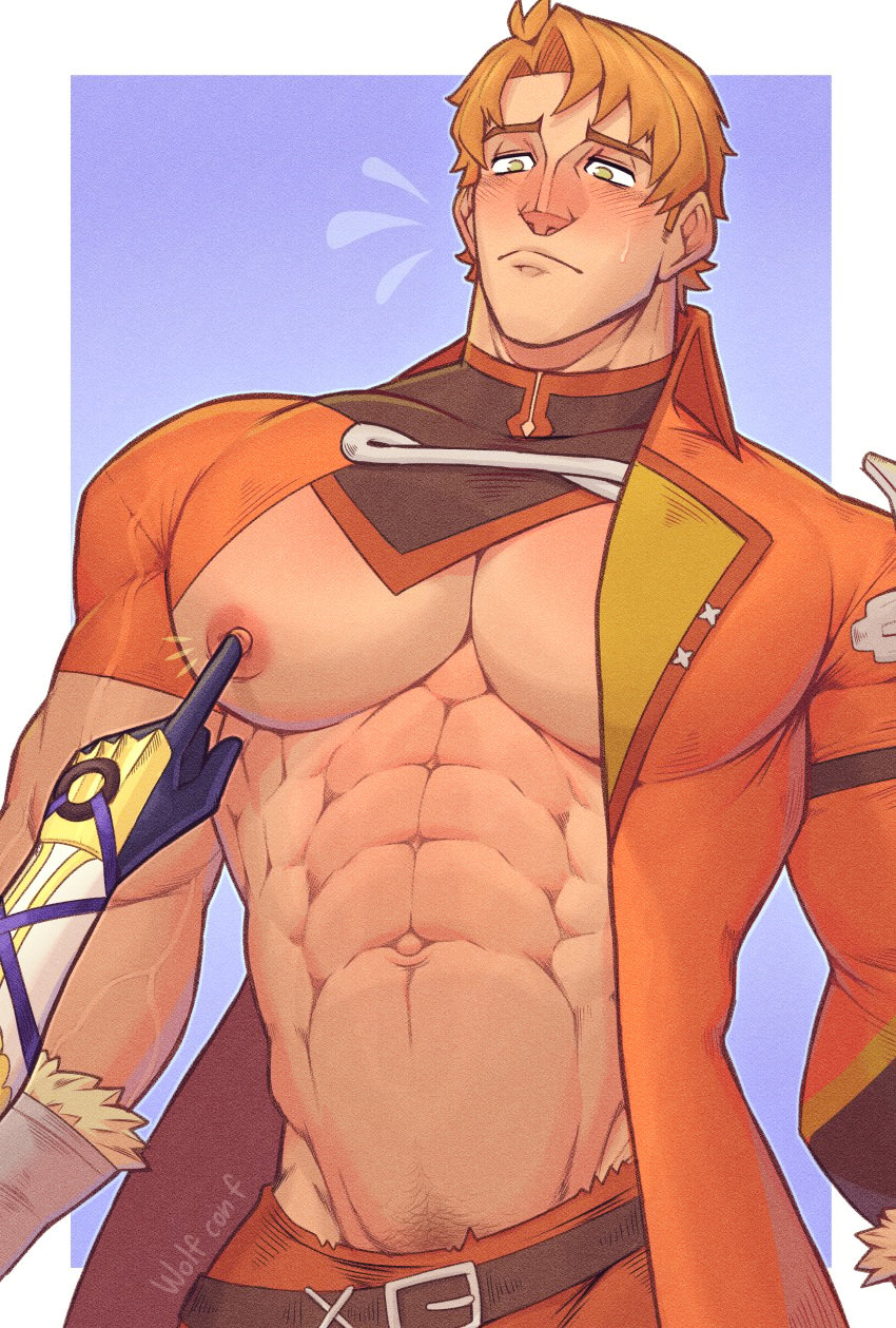 1boy 2023 alear_(fire_emblem) bara bara_tits barazoku biceps blush boucheron_(fire_emblem) clothing fire_emblem fire_emblem_engage gay hi_res highres male male_focus male_nipples male_only male_pubic_hair manly muscular_arms muscular_male nintendo nipples pecs solo solo_male touching_nipples wolf_con_f yaoi