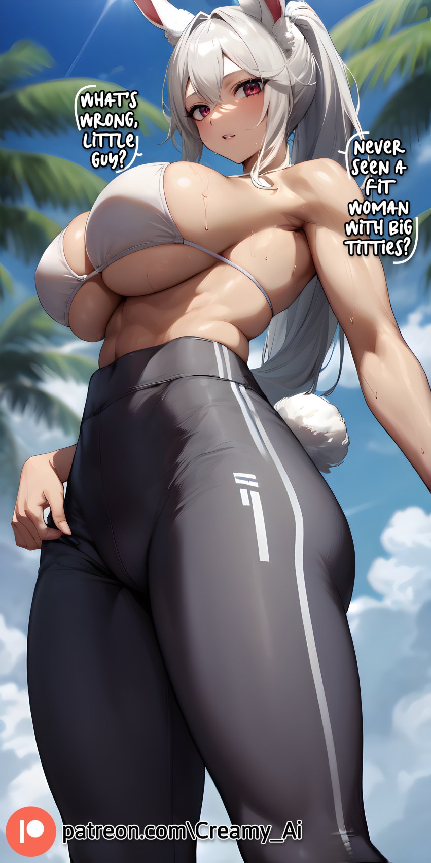 ai_generated big_breasts bikini_top cloud cloudy_sky creamy_ai crotchless female female_only from_below grey_pants gym_uniform hi_res high-waist_pants miruko my_hero_academia pants parted_lips rabbit rabbit_ears rabbit_tail red_eyes speech_bubble sportswear standing thick_thighs thighs white_bikini_top white_hair wide_hips