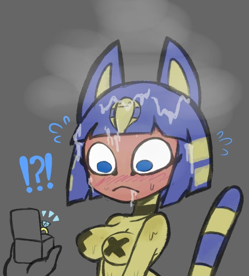 ambiguous_gender animal_crossing ankha ankha_(animal_crossing) anthro big_breasts blue_eyes blue_hair blush bodily_fluids breasts cum cum_in_hair cum_on_face cumlord cumlord_(artist) domestic_cat duo exclamation_point felid feline felis female genital_fluids hair hi_res just_coffee mammal markings nintendo nipple_tape pasties proposal question_mark ring_(jewelry) striped_markings striped_tail stripes sweat tail tail_markings tape yellow_body