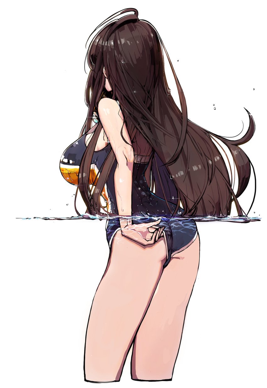 adjusting_clothes adjusting_swimsuit ass back bad_id bad_pixiv_id breasts brown_hair commentary_request counter:side female female_focus happening18 highres karin_wong korean_commentary long_hair official_alternate_costume one-piece_swimsuit simple_background solo swimsuit wading wet