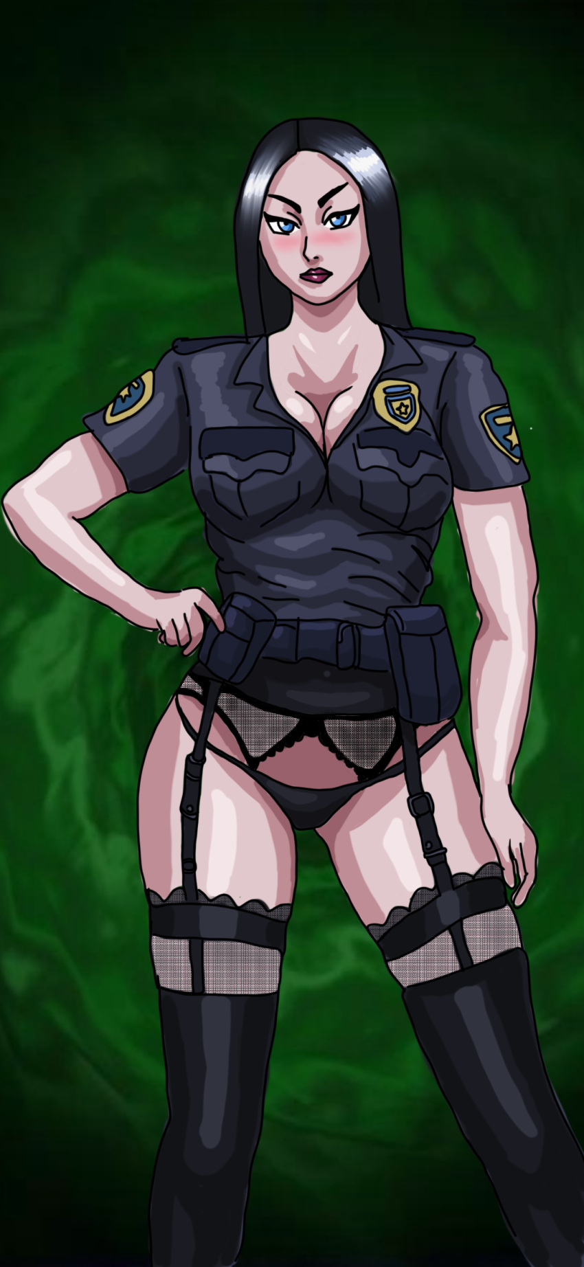 1girls artist_upload black_hair blue_eyes cleavage clothed female hand_on_hip hi_res jamie_roberts legs_apart lingerie looking_at_viewer mr.ash666_(artist) outlaw_(twisted_metal) police_uniform policewoman posing self_upload solo sony_interactive_entertainment standing stockings thong twisted_metal twisted_metal_2 uniform