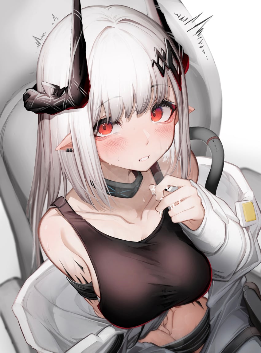 absurdres after_masturbation arknights black_horns blush closed_mouth crop_top female highres horns looking_at_viewer mudrock_(arknights) parted_lips pointy_ears pussy_juice red_eyes solo tab_head upper_body white_hair