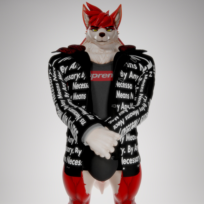 3d_(artwork) absurd_res anthro black_clothing black_jacket black_topwear blender_(software) bulge canid canine canis charleskirbyiii clothing danny_sterling_(spitfire420007) digital_media_(artwork) drip_(meme) ear_tuft fur gloves_(marking) grey_clothing grey_shirt grey_topwear grey_underwear head_tuft hi_res jacket male mammal markings muscular muscular_male neck_tuft red_body red_fur shirt short solo supreme topwear tuft underwear white_body white_fur wolf