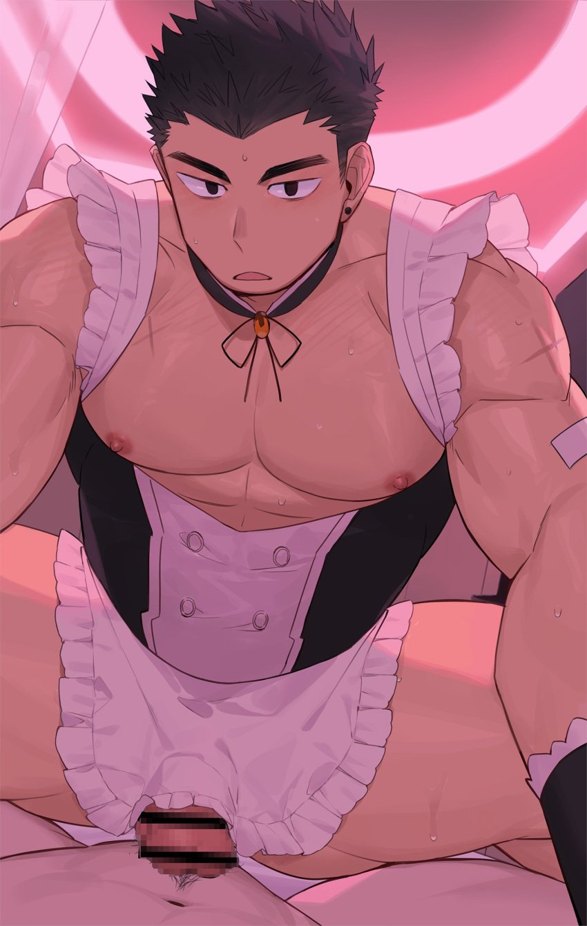 2boys bara big_penis erect_penis erection first_person_view gay gay_sex gondom huge_cock imminent_sex looking_at_viewer maid maid_headdress maid_uniform male male_only muscular muscular_male pov pov_eye_contact scars yaoi