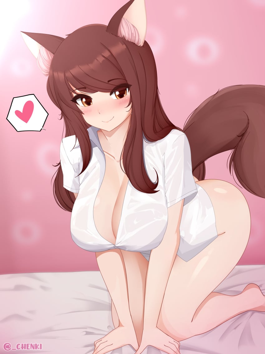 bed brown_eyes brown_hair chenki commission commissioner_upload emily(blarghonator) fox_ears fox_girl fox_tail kemonomimi large_breasts looking_at_viewer on_all_fours original original_character pinup pinup_pose smile the_city_of_reygarth white_shirt