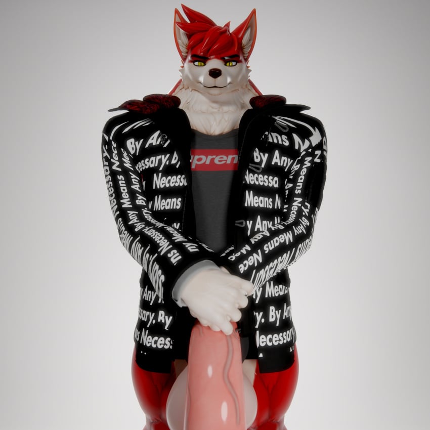 3d_(artwork) absurd_res anthro big_penis black_clothing black_jacket black_topwear blender_(software) canid canine canis charleskirbyiii clothing danny_sterling_(spitfire420007) digital_media_(artwork) drip_(meme) ear_tuft front_view fur genitals glistening glistening_genitalia glistening_penis gloves_(marking) grey_clothing grey_shirt grey_topwear head_tuft hi_res huge_cock jacket looking_at_viewer male mammal markings muscular muscular_male neck_tuft orange_eyes penis pupils red_body red_fur shirt simple_background slit_pupils solo supreme topwear tuft vein veiny_penis white_body white_fur wolf