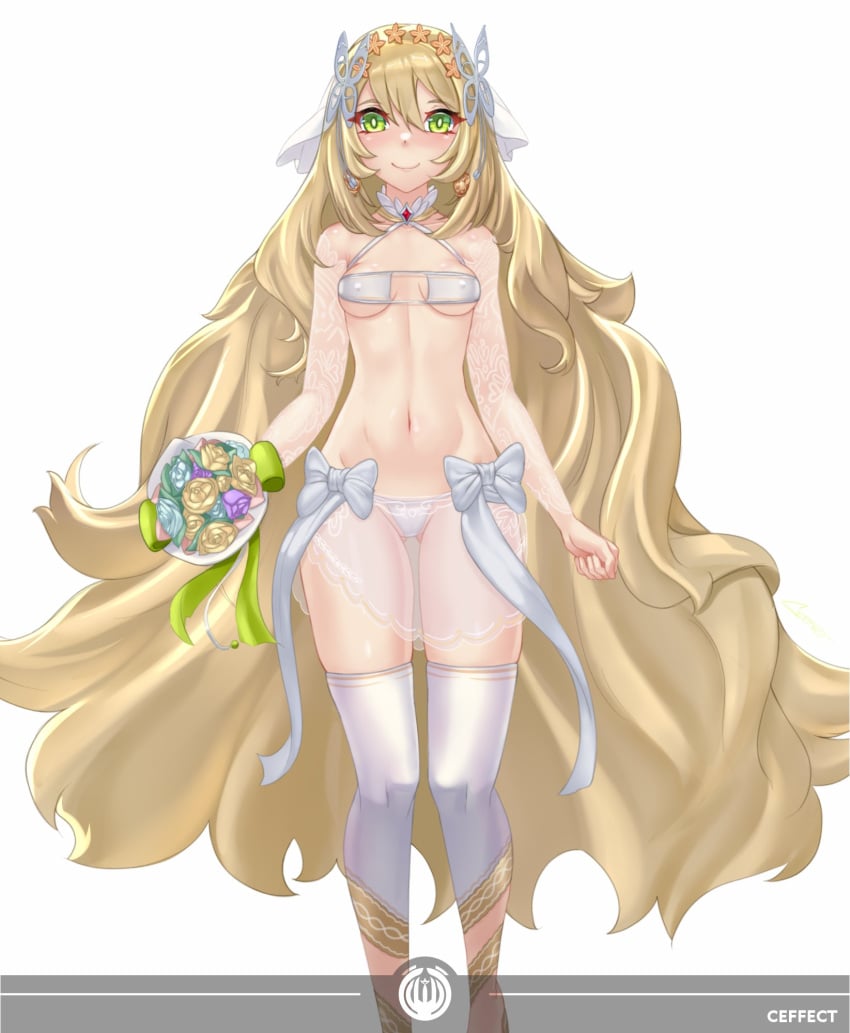 1girls alternate_version_available ass_visible_through_thighs bare_shoulders bare_thighs blonde_hair bouquet breasts bridal_veil bride butterfly_hair_ornament celine_(fire_emblem) collarbone covered_nipples crazzeffect detached_sleeves earrings female female_only fire_emblem fire_emblem_engage flower green_eyes hair_between_eyes hair_ornament lingerie long_hair long_sleeves nintendo panties see-through shoulders sideboob small_breasts smile solo thighhighs thighs underboob underwear veil very_long_hair wedding_dress white_background white_panties