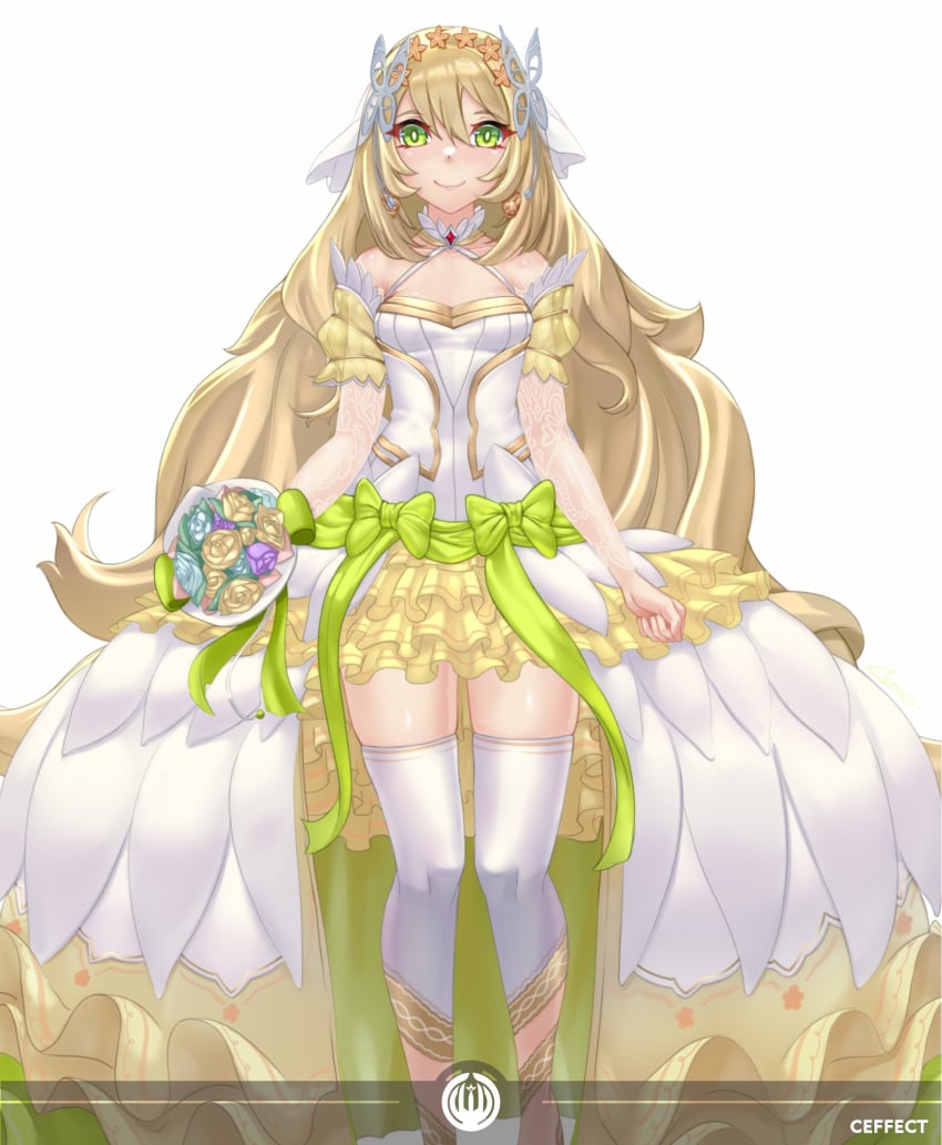 1girls alternate_costume alternate_version_available bare_shoulders bare_thighs blonde_hair bouquet breasts bride butterfly_hair_ornament celine_(fire_emblem) collarbone crazzeffect detached_sleeves dress earrings female female_only fire_emblem fire_emblem_engage flower green_eyes hair_between_eyes hair_ornament long_hair long_sleeves nintendo shoulders skirt small_breasts smile solo thighhighs thighs very_long_hair wedding_dress white_background