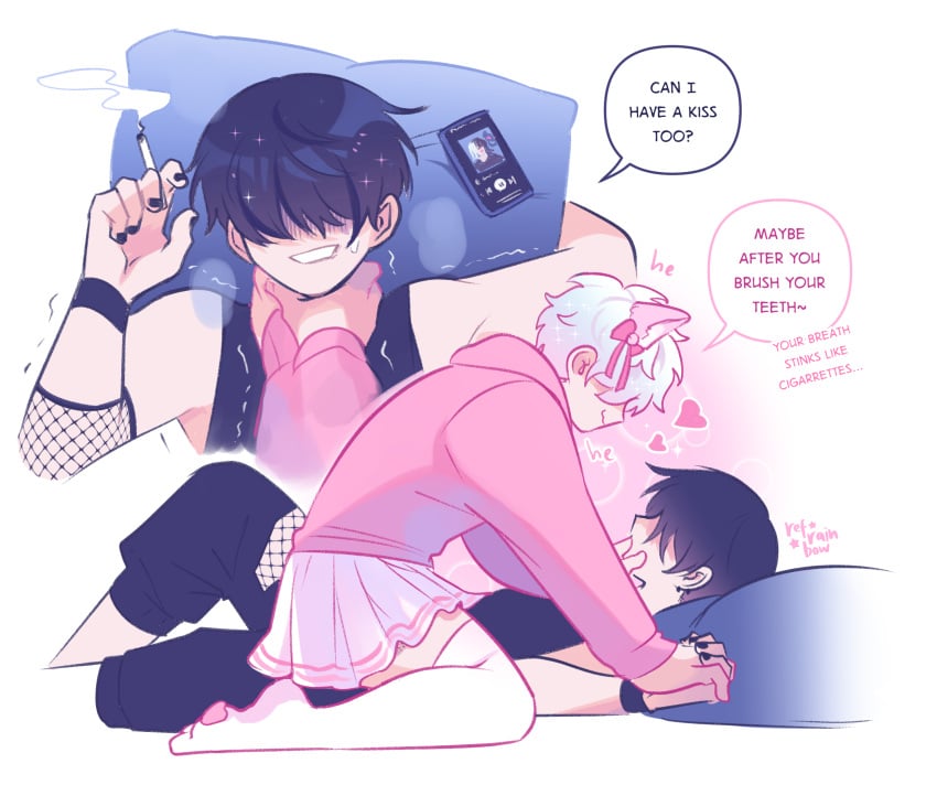 2boys boyfriends boyfriends_(webtoon) choking cigarette crossdressing eboy femboy gay gay_sex goth_(boyfriends) imminent_sex male male/male male_only male_with_painted_nails mega_gay_zone nerd_(boyfriends) on_bed phone refrainbow short_skirt skirt smartphone smoking thats_kinda_gay_bro thighhighs webtoon yaoi