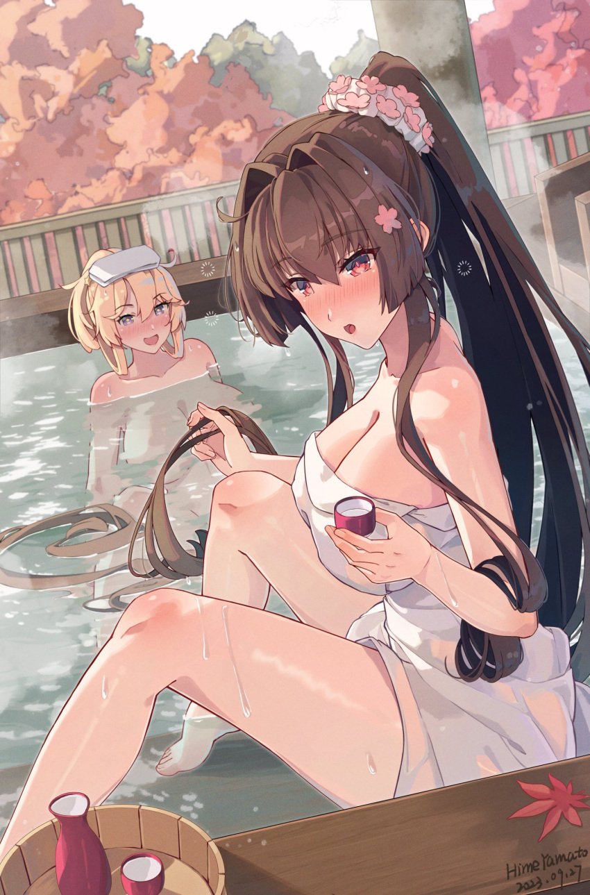 2girls alcohol bath bathing blonde_hair blue_eyes blush breasts brown_eyes brown_hair cleavage collarbone drunk flower hair_between_eyes hair_flower hair_ornament highres himeyamato iowa_(kantai_collection) kantai_collection large_breasts long_hair looking_at_viewer multiple_girls naked_towel nude onsen outdoors partially_submerged ponytail sake smile star-shaped_pupils star_(symbol) steam symbol-shaped_pupils towel towel_on_head tree very_long_hair water wet yamato_(kantai_collection)