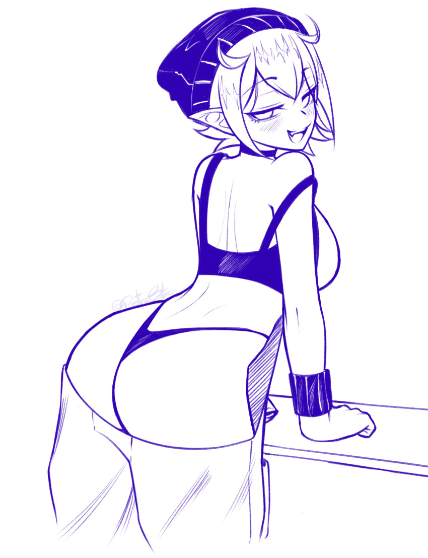 ass ass back_view blush blush blush_lines blushed blushing_at_viewer fangs hat looking_at_viewer looking_back looking_back_at_viewer looking_back_at_you oerba_yun_fang pants_down pants_pulled_down pietrosatou pointed_ears short_hair short_hair_female short_hair_with_long_locks sketch wrist_scrunchie wristband wristwear