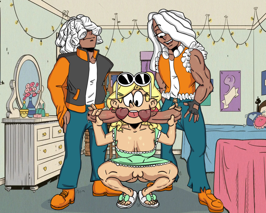 big_cock big_dick big_penis blowjob blowjob_face clothed dark-skinned_male handjob large_penis leni_loud light-skinned_female mfm mmf_threesome oc original_character tenra101 the_loud_house threesome