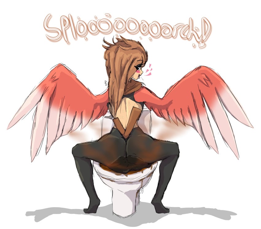 absurd_res anthro brown_hair feces female floofykinkumiho generation_1_pokemon hair hi_res nintendo pokemon pokemon_(species) rear_view scat soiling solo sound_effects spearow stink_clouds toilet wings