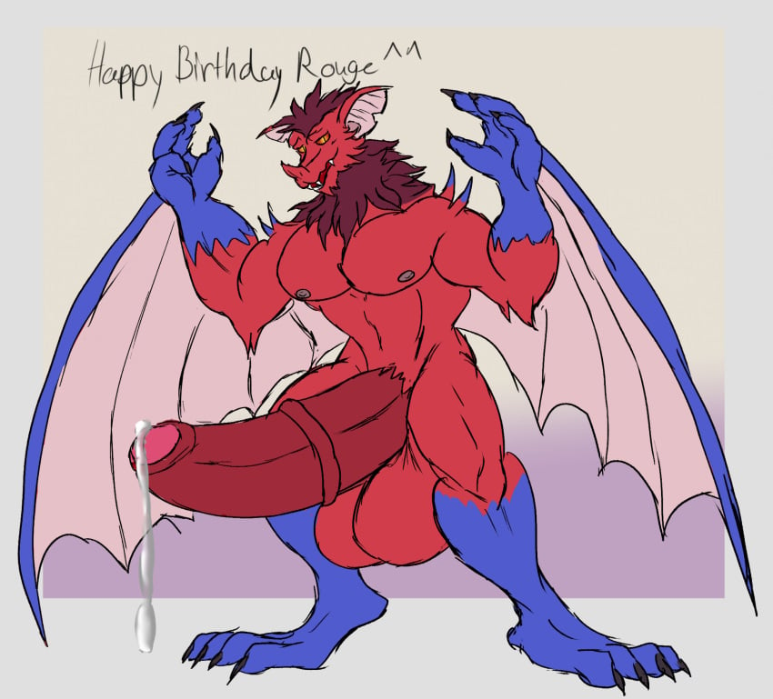 anthro balls bat bat_wings big_balls big_penis bodily_fluids daikuhiroshiama demon genital_fluids genitals happy_birthday hi_res huge_balls huge_cock hyper hyper_balls hyper_genitalia hyper_penis male mammal membrane_(anatomy) membranous_wings muscular muscular_male penis precum red_body rouge_flare_(character) solo wings