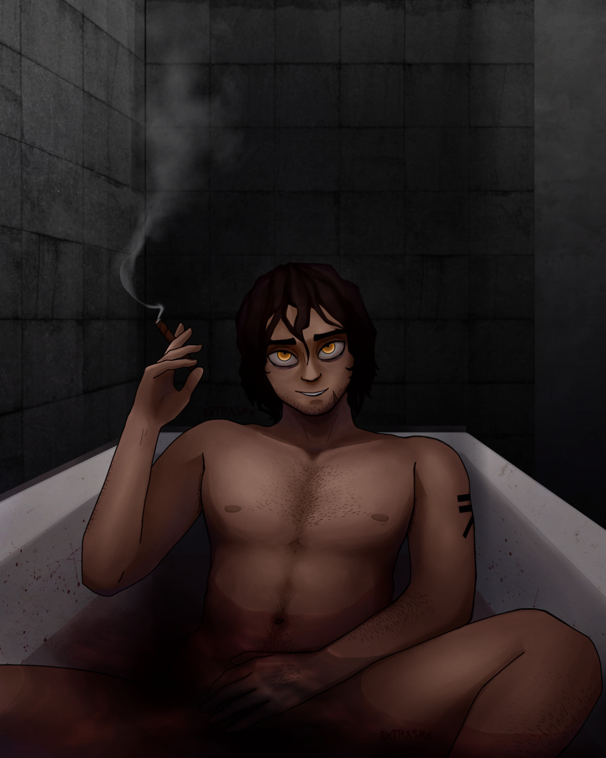 bath bathroom blood boyfriend_to_death brown_hair cigarette dirty extrasmx groin hair hands hip hips male nipples smoke smoking_cigarette strade topless torso torso_hair water yellow_eyes