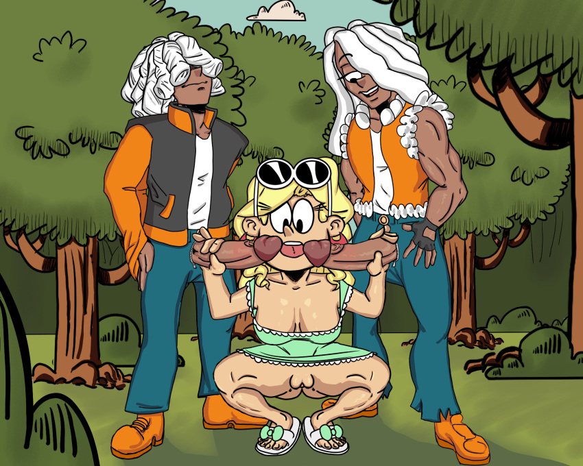 big_cock big_dick big_penis blowjob blowjob_face clothed dark-skinned_male handjob large_penis leni_loud light-skinned_female mfm mmf_threesome oc original_character tenra101 the_loud_house threesome