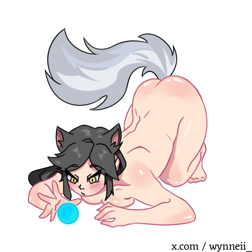 1girls ahri ass ass_up basic_background black_hair cute female female_only fox fox_ears fox_girl fox_tail league_of_legends light-skinned_female light_skin riot_games solo vastaya wynneii yellow_eyes