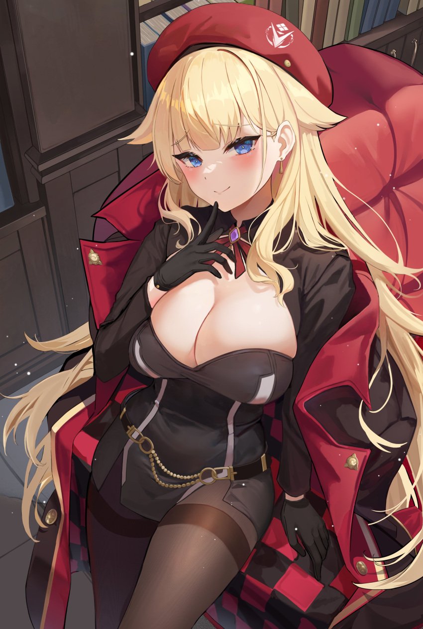 absurdres beret black_coat black_dress black_gloves blonde_hair blue_eyes breasts brown_pantyhose cleavage coat coat_on_shoulders commentary counter:side dress earrings english_commentary female finger_to_mouth gambler_(counter:side) gloves hair_flaps hand_up hat highres jewelry large_breasts long_hair long_sleeves looking_at_viewer neck_ribbon pantyhose red_headwear ribbon runa_(user_guwn7382) side_slit skindentation smile solo thighband_pantyhose very_long_hair