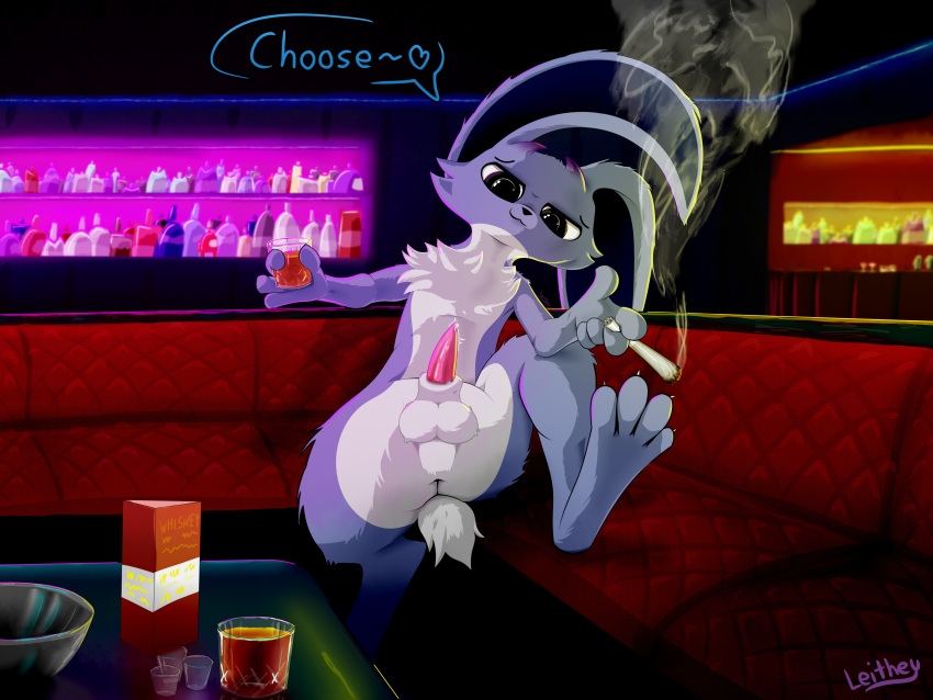 absurd_res alcohol animal_genitalia anthro ass balls bar beverage black_eyes blue_body club_(disambiguation) colored dialogue drugs fake_horns feet furniture genitals hi_res holding_beverage holding_object lagomorph leithey leporid looking_at_viewer looking_down looking_down_at_viewer male mammal marijuana neon_lights penis presenting presenting_hindquarters presenting_penis rabbit shaded sheath sitting small_tail smoke smug sofa solo tail tapering_penis