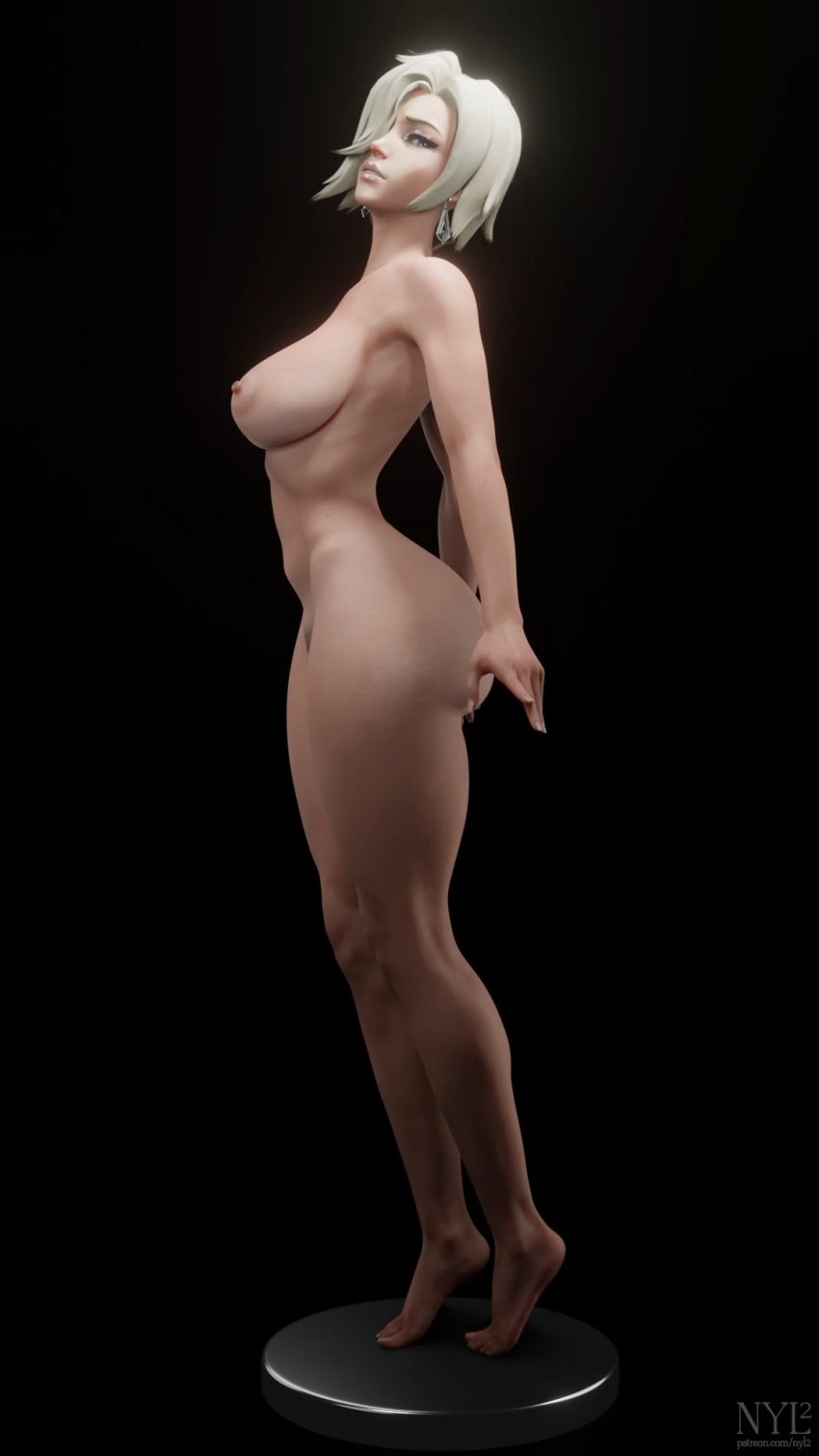 1girls 3d 3d_(artwork) areolae ass black_background blonde_hair blue_eyes breasts feet hips large_areolae large_ass large_breasts medium_hair mercy nipples nude nyl2 nyl_mercy overwatch pubic_hair simple_background thick_ass thick_thighs thighs