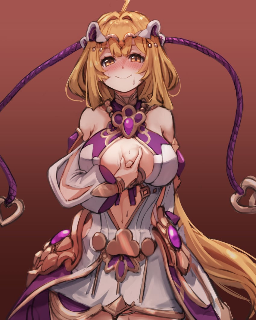 absurdres ahoge bare_shoulders between_breasts blonde_hair blush breasts cleavage cleavage_cutout closed_mouth clothing_cutout cream_bread dress female hair_ornament highres honkai_(series) honkai_impact_3rd large_breasts long_hair looking_at_viewer off-shoulder_dress off_shoulder smile solo susannah_manatt susannah_manatt_(valkyrie_quicksand) very_long_hair white_dress yellow_eyes