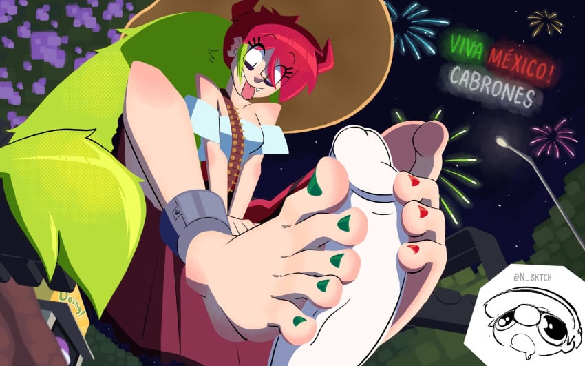 1boy 1girls 2023 ankle_cuffs artist_name bandolier big_penis breasts calves clothed clothed_female clothes clothing demencia_(villainous) duo erection eyelashes fangs feet feet_on_penis female female_focus foot_fetish foot_focus footjob front_view genitals green_hair green_toenails hair hat headwear heterochromia hi_res horned_humanoid horns human human_only humanoid large_penis light-skinned_female light_skin long_hair looking_at_penis looking_down low-angle_view male male/female medium_breasts mexican multicolored_hair n_sktch partial_male penis ponytail red_hair red_toenails sitting smile smiling sombrero spanish_text straight tagme text toenail_polish toes tongue tongue_out topwear two_tone_hair very_long_hair villainous yellow_eyes