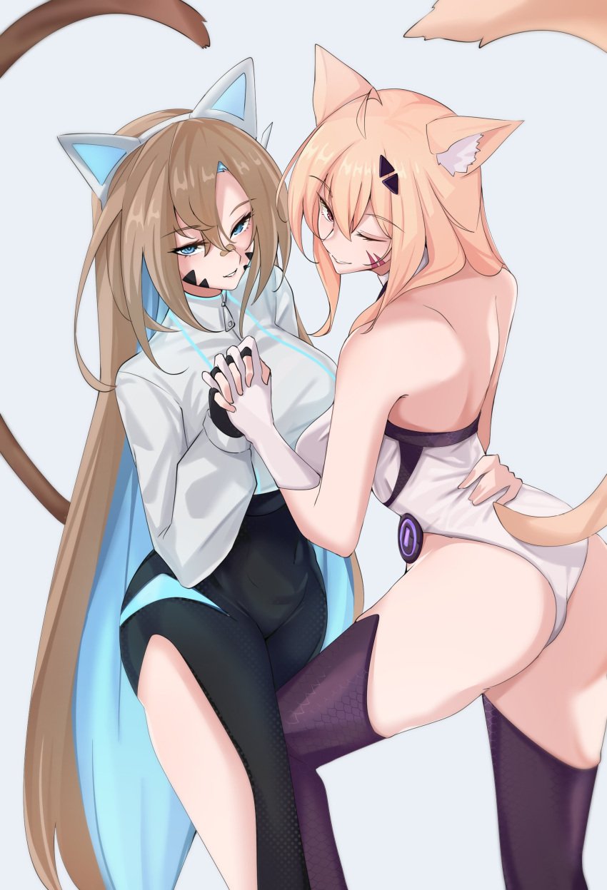 2girls animal_ears blonde_hair cat_ears cat_tail catgirl face_markings female female_only light-skinned_female light_skin pokatie red_eyes squchan_(vtuber) tail vank0art virtual_youtuber vyugen