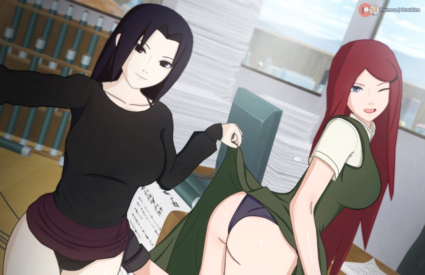 2girls 3d arm_support bare_ass big_ass big_breasts black_eyes black_hair blue_eyes blush boruto:_naruto_next_generations breast_size_difference commentary desk dress embarrassed female female/female female_only g-string high_resolution hokage_office koikatsu lifted_by_another looking_at_viewer looking_back looking_back_at_viewer mature mature_female milf multiple_girls naruto naruto_(series) naruto_shippuden office one_eye_closed otsukira panties pants petite presenting presenting_ass raised_leg red_hair selfie shirt skirt skirt_lift smile taking_selfie text uchiha_mikoto uzumaki_kushina watermark wink