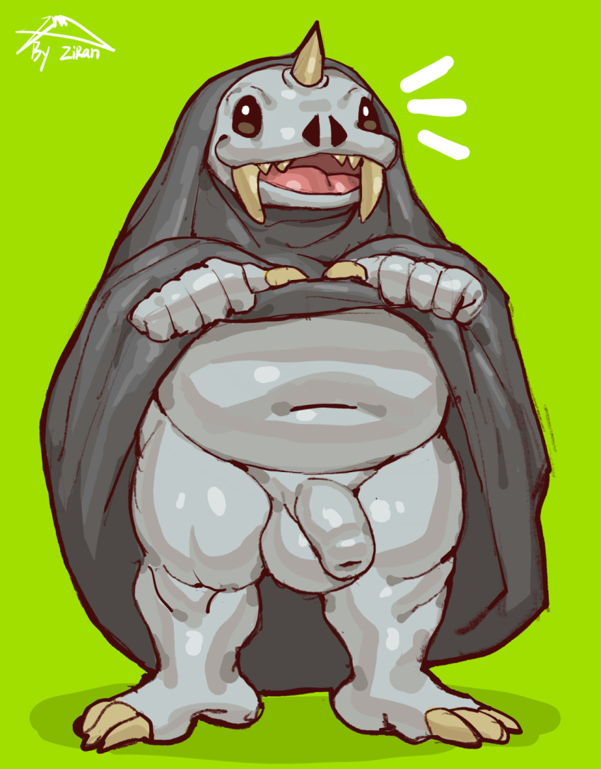 anthro balls biped clothed clothing clothing_lift foreskin genitals green_background grey_body half-erect helck hi_res humanoid_genitalia humanoid_penis male mammal marine navel open_mouth penis pinniped simple_background sole_male solo unretracted_foreskin walrus zi_ran