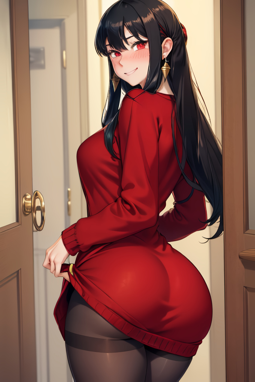 ai_generated aig1587 big_ass big_breasts big_butt black_hair earrings long_hair pantyhose red_clothing red_eyes smile spy_x_family yor_briar