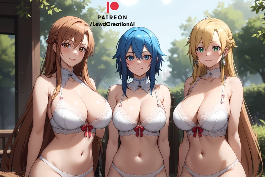 3girls ai_generated blonde_hair blue_eyes blue_hair blush blush_lines blushing_at_viewer brown_eyes brown_hair cameltoe choker from_below leafa lewdcreationsai lingerie lips looking_at_viewer looking_down navel sinon smile smiling smiling_at_viewer smirk sword_art_online sword_art_online_alicization thick_thighs thigh_gap thigh_highs thigh_strap thighhighs thighs yuuki_asuna