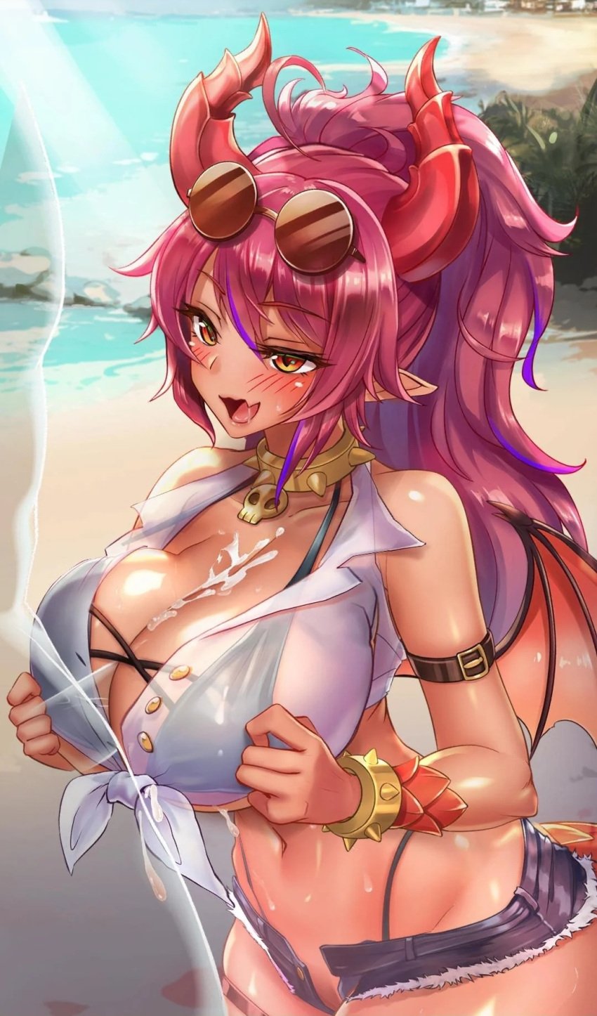 black_bikini boobjob cum cum_on_breasts dragon_girl dragon_girl_(project_qt) horns nutaku project_qt red_hair summer_ladies_(project_qt) tail wings