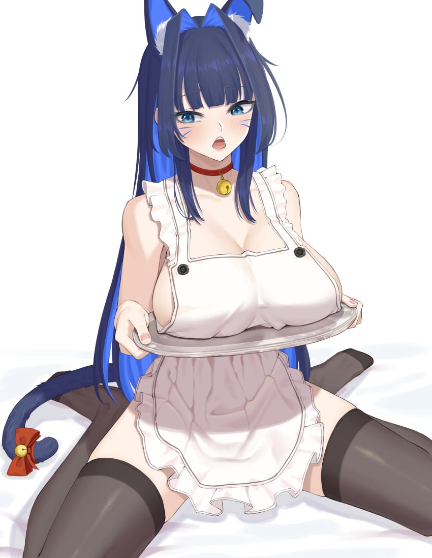 bangom_r cat_bell cat_ears cat_tail embarrassed female hololive hololive_english hololive_english_-council- hololive_english_-promise- large_breasts leggings naked_apron ouro_kronii platter solo virtual_youtuber white_background