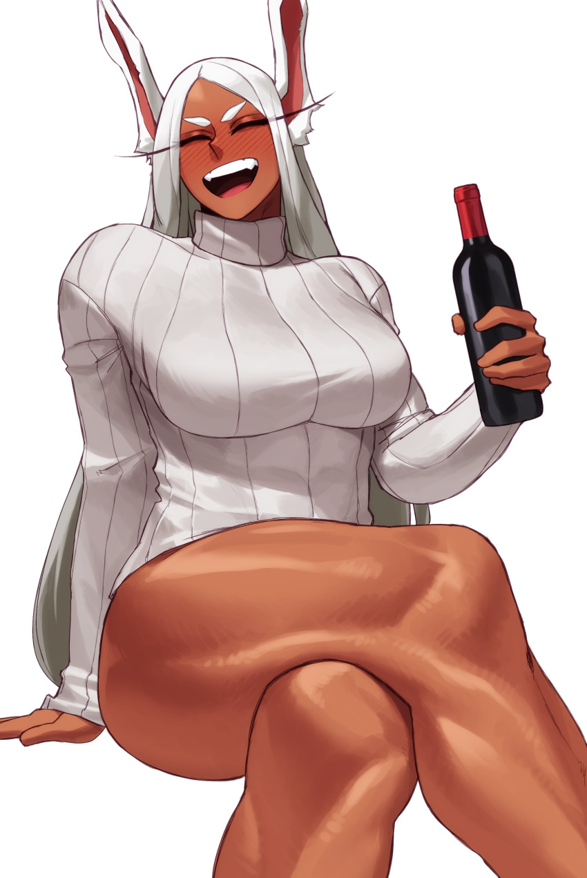 1girls blush bottle bunny_ears closed_eyes crossed_legs dark-skinned_female dark_skin drunk female female_only heavy_blush holding_bottle long_eyelashes long_hair miruko my_hero_academia open_mouth rumi_usagiyama sitting smile solo sotcho sweater thick_thighs thunder_thighs very_high_resolution white_background white_hair wine_bottle