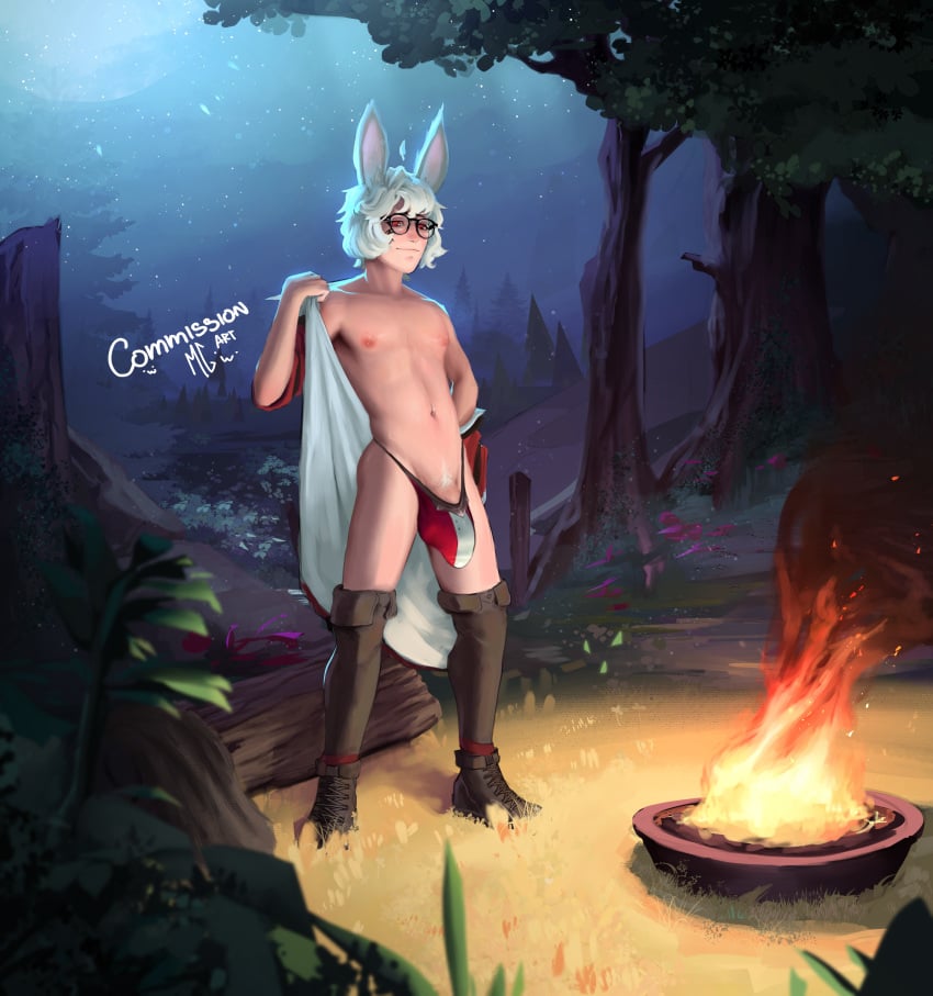 absurd_res androgynous animal_humanoid big_penis biped bulge campfire eyebrows eyewear fire genitals glasses hair hi_res humanoid lagomorph lagomorph_humanoid leporid_humanoid male male_only mammal mammal_humanoid mg_art navel penis plant pubes pubic_hair rabbit_humanoid red_eyes skinny solo taiyo_akari tree white_hair