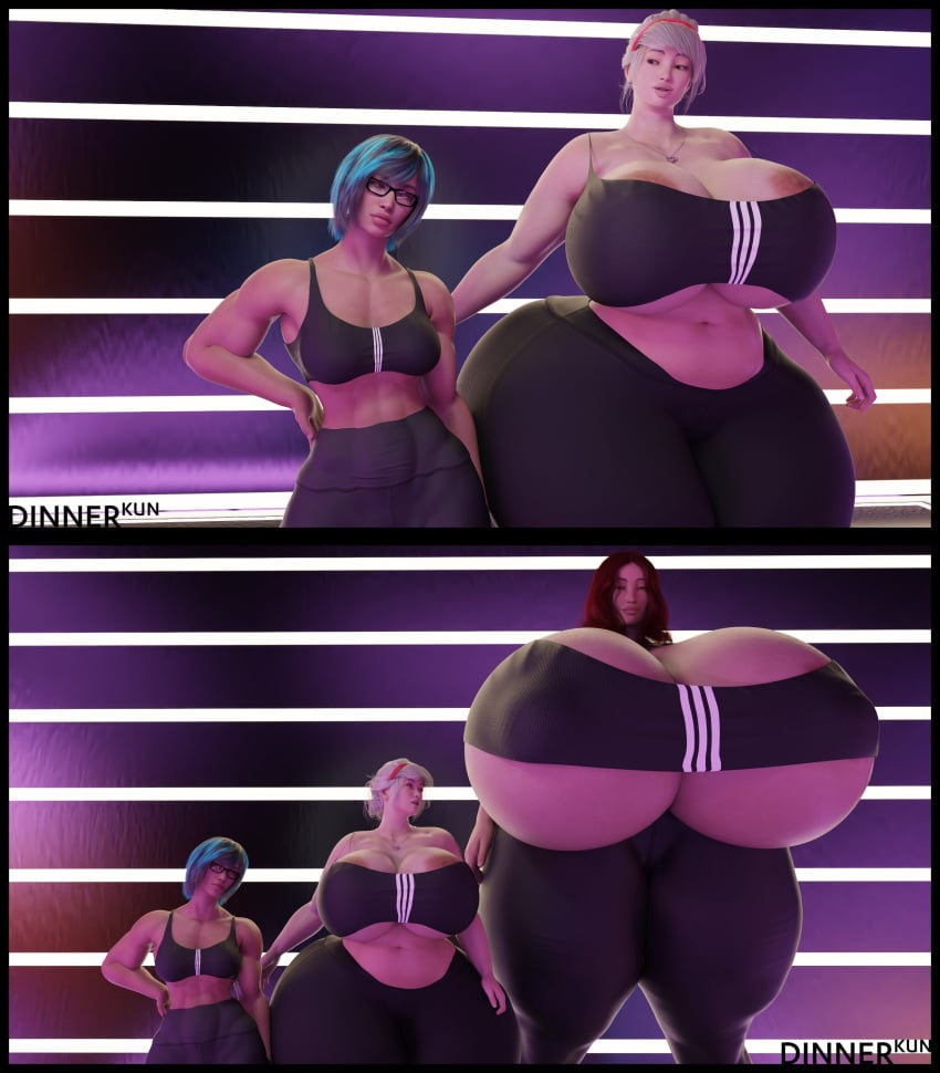 3d 3girls areola_slip athletic athletic_female cleavage dinner-kun enormous_breasts female female_only gigantic_breasts huge_breasts hyper_breasts large_breasts massive_breasts medium_support_(meme) meme_attire original original_characters size_difference sonya_(dinner-kun) sports_bra tris_(dinner-kun) wide_hips