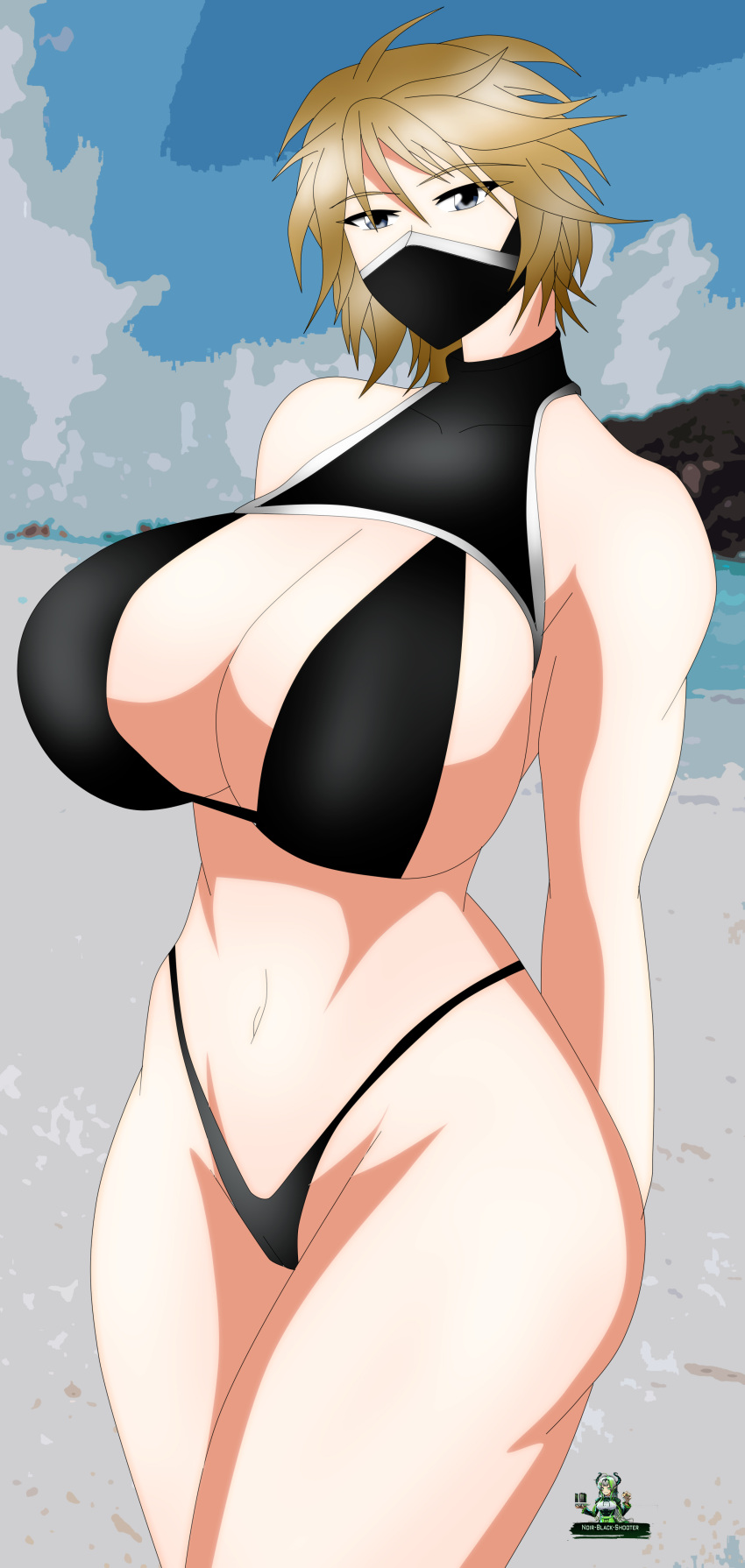 amaya_nozaki_(noir-black-shooter) big_breasts bikini blonde_hair dark_blue_eyes face_mask huge_breasts mask masked_female noir-black-shooter oc original original_character short_hair swimsuit