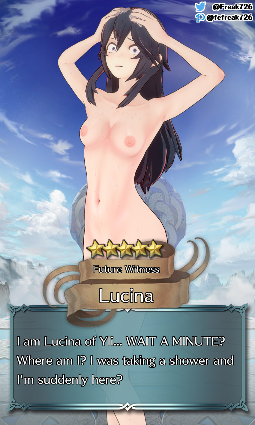 1girls 3d alternate_version_available armpits bare_legs blue_eyes blue_hair blush blushing breasts completely_naked completely_nude completely_nude_female confusion embarrassed embarrassed_nude_female english_text exhibitionism fefreak726 female female_only fire_emblem fire_emblem_awakening fire_emblem_heroes humiliation legwear long_hair looking_at_viewer lucina_(fire_emblem) medium_breasts nintendo nipples nude nude_female open_mouth outdoors shocked shower showering soap solo stats summoning symbol-shaped_pupils text text_box wet wide_eyed