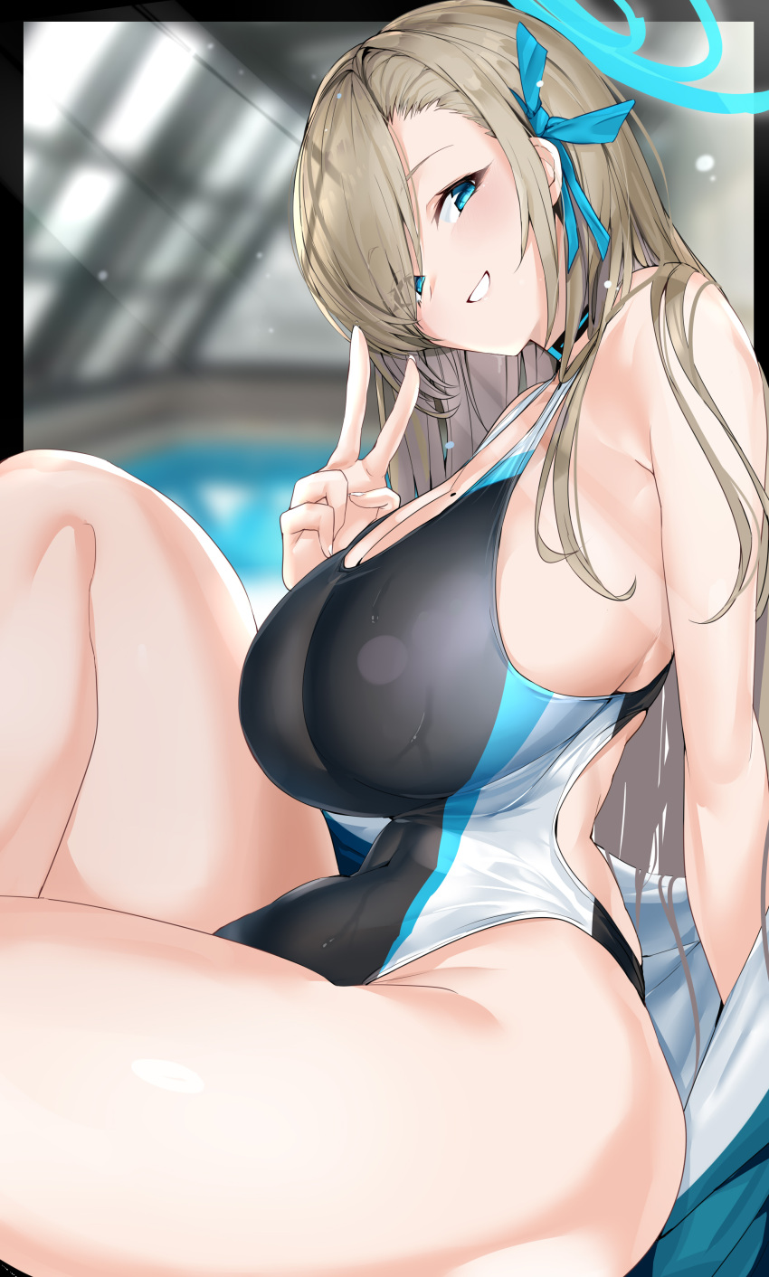 1girls absurdres asuna_(blue_archive) blue_archive blue_halo blue_jacket blurry blurry_background breasts choker cleaning_&_clearing_(blue_archive) competition_swimsuit female female_focus grin halo highres huge_breasts indoors jacket light-skinned_female light_brown_hair light_skin long_hair looking_at_viewer maruyaa_(malya1006) millennium_science_school_student one-piece_swimsuit outside_border pale-skinned_female pale_skin rei_no_pool smile solo swimsuit v wet