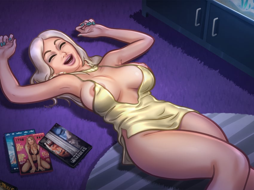 1girls 2d areolae ass ass_peek big_breasts blonde_hair breast_peek closed_eyes clothed clothing darkcookie digital_drawing_(artwork) digital_media_(artwork) dress drunk female female_focus female_only iwanka_(summertime_saga) laugh laughing laying_down laying_on_back laying_on_floor light-skinned_female light_skin long_hair medium_breasts nipples no_bra no_panties on_back on_floor room sideboob solo solo_focus summertime_saga