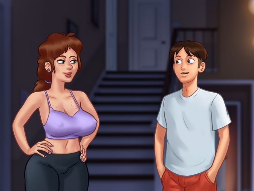 1boy 1girls 2d big_breasts bottomwear brown_hair cameltoe cleavage darkcookie digital_drawing_(artwork) digital_media_(artwork) duo earrings freckles freckles_on_chest freckles_on_face green_eyes hands_on_hips light-skinned_female light-skinned_male light_skin long_hair looking_at_another looking_at_partner main_character_(summertime_saga) male male/female nipples nipples_visible_through_clothing pants pussy pussy_lips pussy_peek red_hair red_hair shirt shorts smile smiling staircase stairway standing summertime_saga tammy_johnson_(summertime_saga) teenager thick_thighs topwear yoga_pants