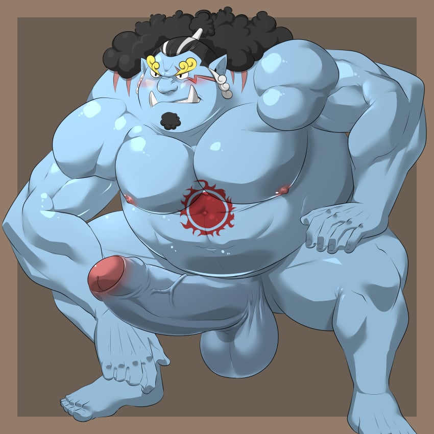 anthro balls big_balls big_penis blue_body blue_skin blush boner erection facial_hair fish-men_(one_piece) jinbe male male_only nude one_piece overweight penis reclamon solo solo_male spread_legs