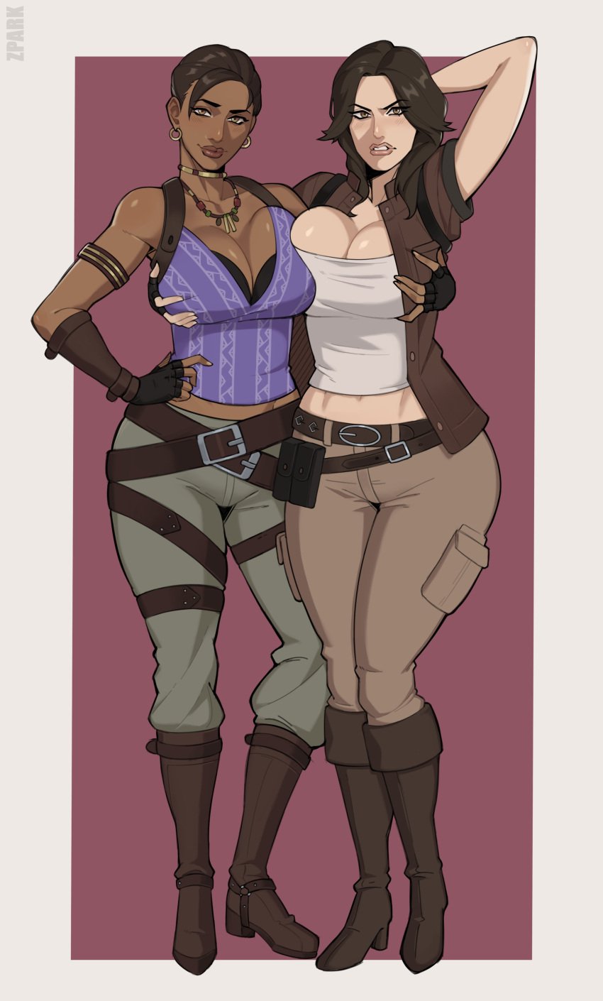 2023 2girls absurd_res arm_behind_head big_breasts breast_grab breast_press breast_to_breast brown_hair capcom commission dark-skinned_female dark_skin female female_only hand_on_hip helena_harper light-skinned_female light_skin looking_at_viewer resident_evil resident_evil_5 resident_evil_6 sheva_alomar side_by_side smiling smiling_at_viewer zpark