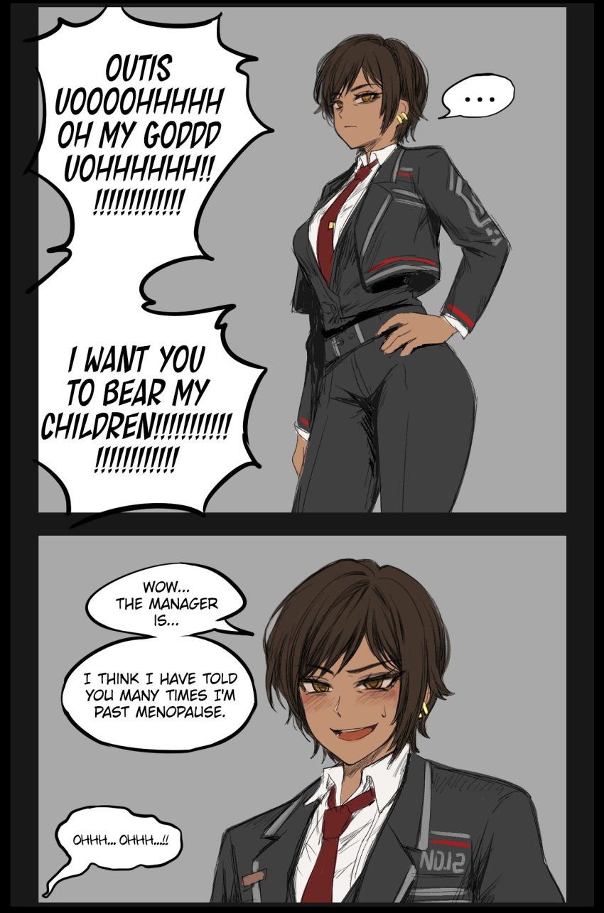 artist_request blush breasts clothed dante_(limbus_company) dark_skin dialogue female hand_on_hip limbus_company meme older_female outis_(limbus_company) project_moon speech_bubble sweat sweatdrop tagme uohhhhhhhhh!_(meme)