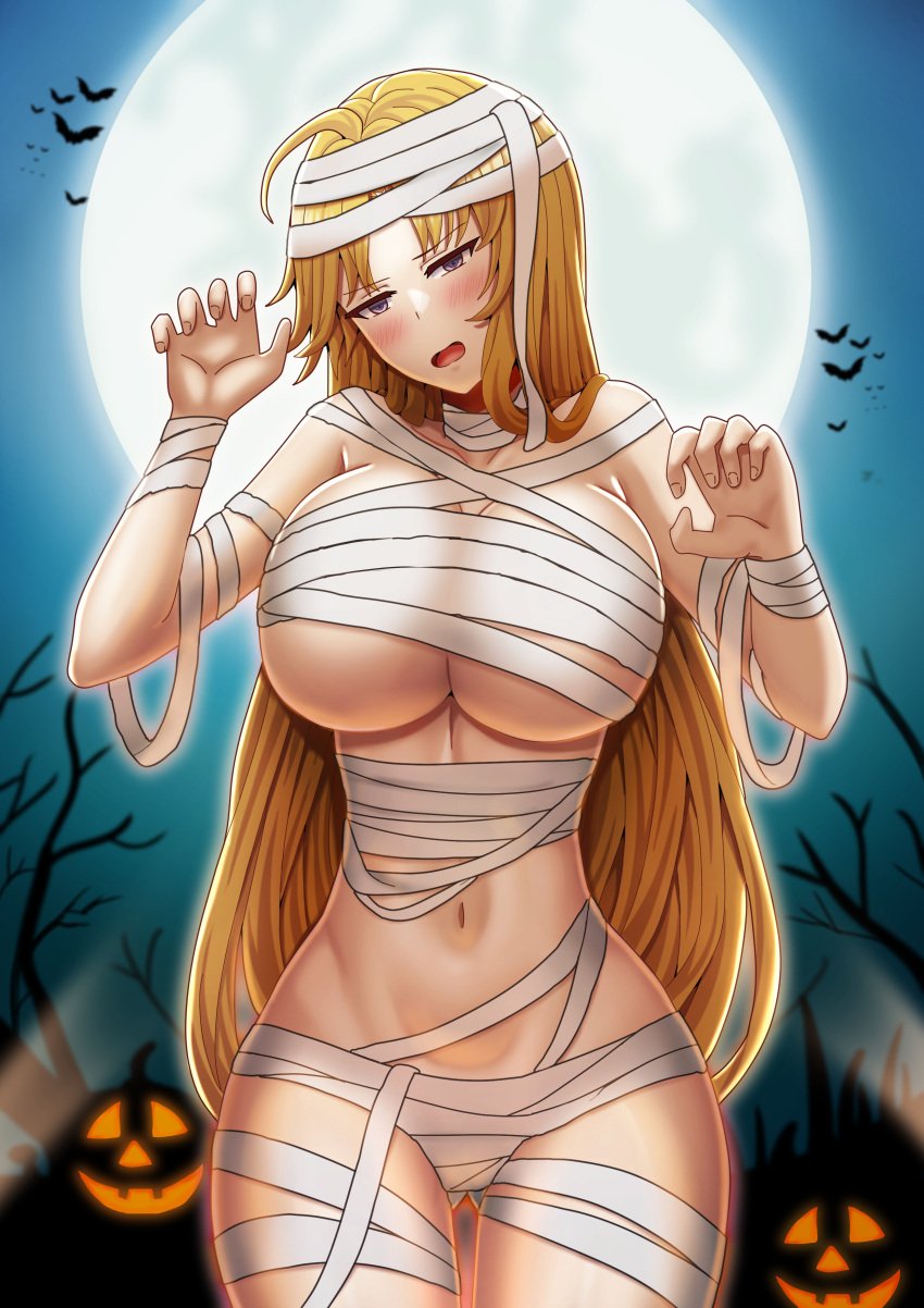 1girls absurdres ass_visible_through_thighs bandaged_head bandages bare_shoulders bare_thighs bat_(animal) blonde_hair blush breasts bronze_felix clarisse_(fire_emblem) commission commissioner_upload cowboy_shot female female_only fire_emblem fire_emblem:_new_mystery_of_the_emblem full_moon halloween halloween_costume highres huge_breasts long_hair looking_at_viewer moon mummy mummy_costume naked_bandage navel night night_sky nintendo purple_eyes saikunartworks sky solo source_request thighs underboob very_long_hair