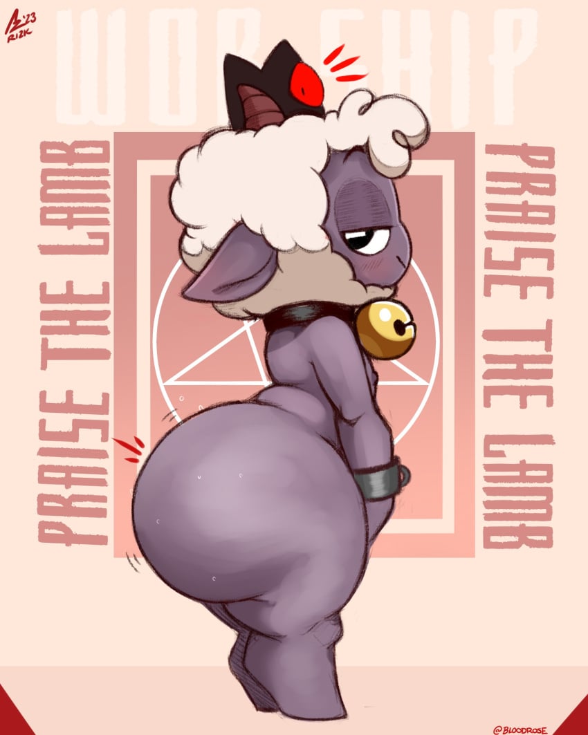 1boy 2d absurd_res aer0_zer0 anthro anthro_only armwear artist_signature ass ass_bigger_than_head background_text bedroom_eyes bell_collar big_ass black_body blush bottom_heavy bovid bubble_butt caprine chubby collar_only commission cult_of_the_lamb dark_skin fat_ass femboy furry girly headgear hi_res horizontal_pupils horn horns huge_ass lamb_(cult_of_the_lamb) looking_at_viewer male male_only mammal metal_cuffs motion_lines naked nipples nude puffy_nipples raised_eyebrows red_crown_(cult_of_the_lamb) seductive sheep shortstack side_view smile solo solo_focus solo_male surprised sweat text thick_thighs white_fur white_wool wide_hips wool_(fur)