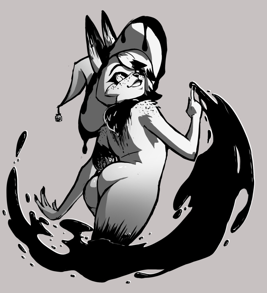 afoxinthemask anthro ass atrame_(zan_x) big_butt black_sclera clothing female hair hair_over_eye hat headgear headwear hi_res ink lagomorph looking_at_viewer looking_back mammal monotone_body one_eye_obstructed rear_view solo witch_hat