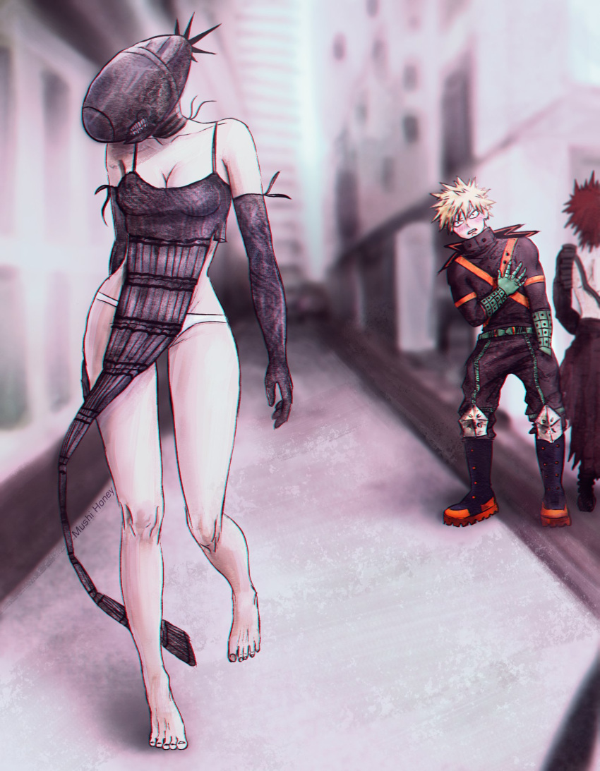 1girls bakugou_katsuki bare_legs bare_thighs barefoot blonde_hair blush boku_no_hero_academia chainsaw_man cleavage crossover eijirou_kirishima female gloves katsuki_bakugou kirishima_eijirou long_gloves love_at_first_sight lovestruck male my_hero_academia panties red_hair revealing_clothes reze_(chainsaw_man) skimpy skimpy_clothes spiky_hair staring white_panties