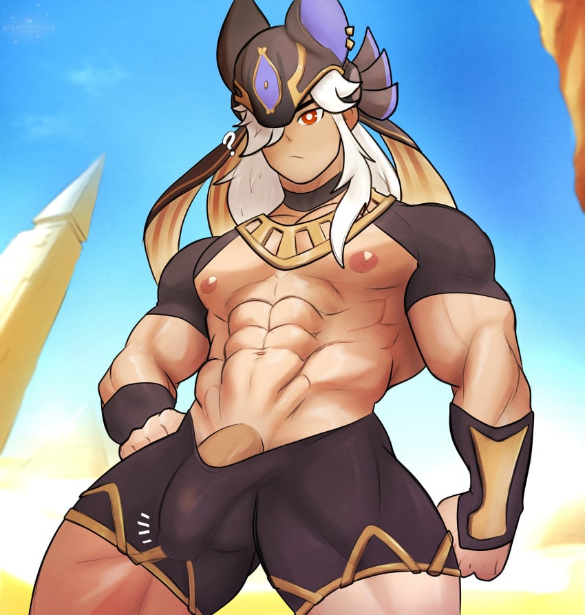 bulge cyno_(genshin_impact) flaccid genshin_impact kingdom_velvet male male_only muscles muscular muscular_arms muscular_male muscular_thighs penis solo solo_male